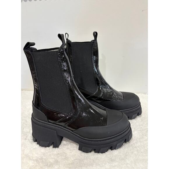 NWOB Ganni Cleated Heeled Mid Chelsea Boots Black Patent Leather Women's Size 39 - Picture 6 of 14